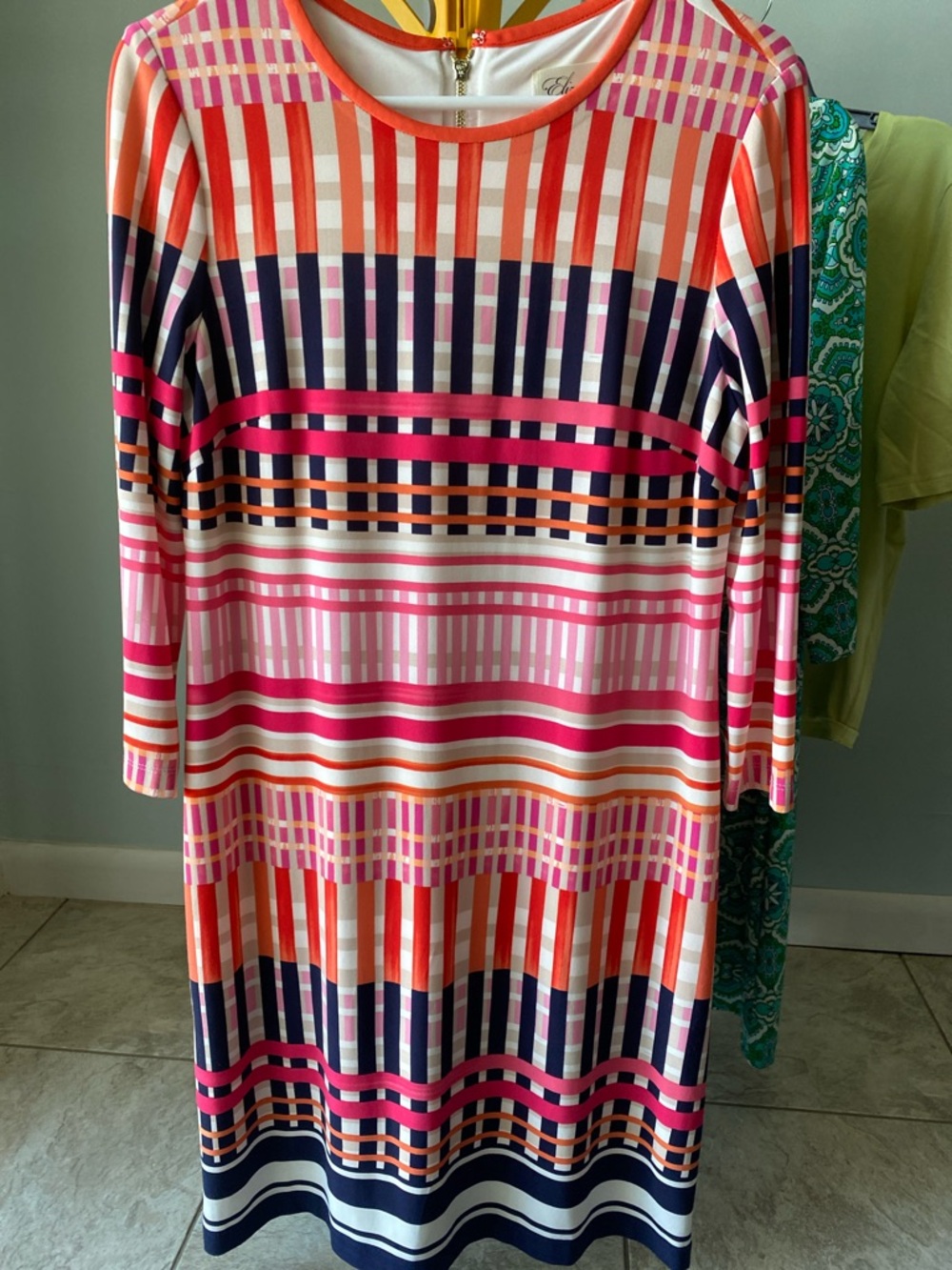 Eliza J Pink, Orange & Navy Geometric Stripe Midi Dress